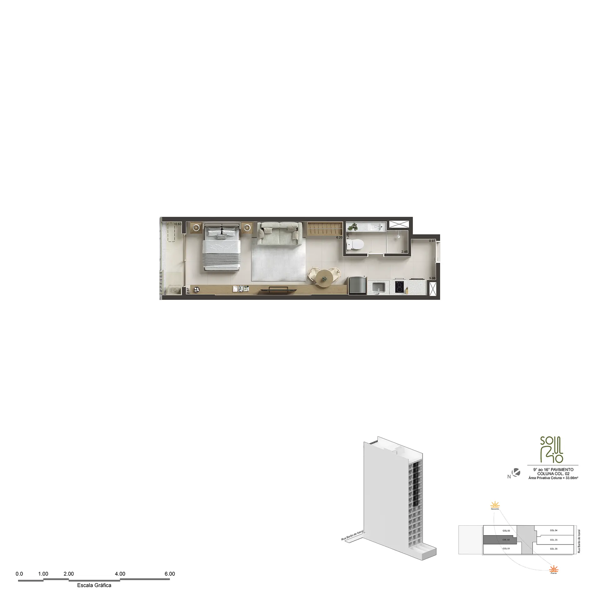 Planta humanizada do Studio, 34 a 37 m²