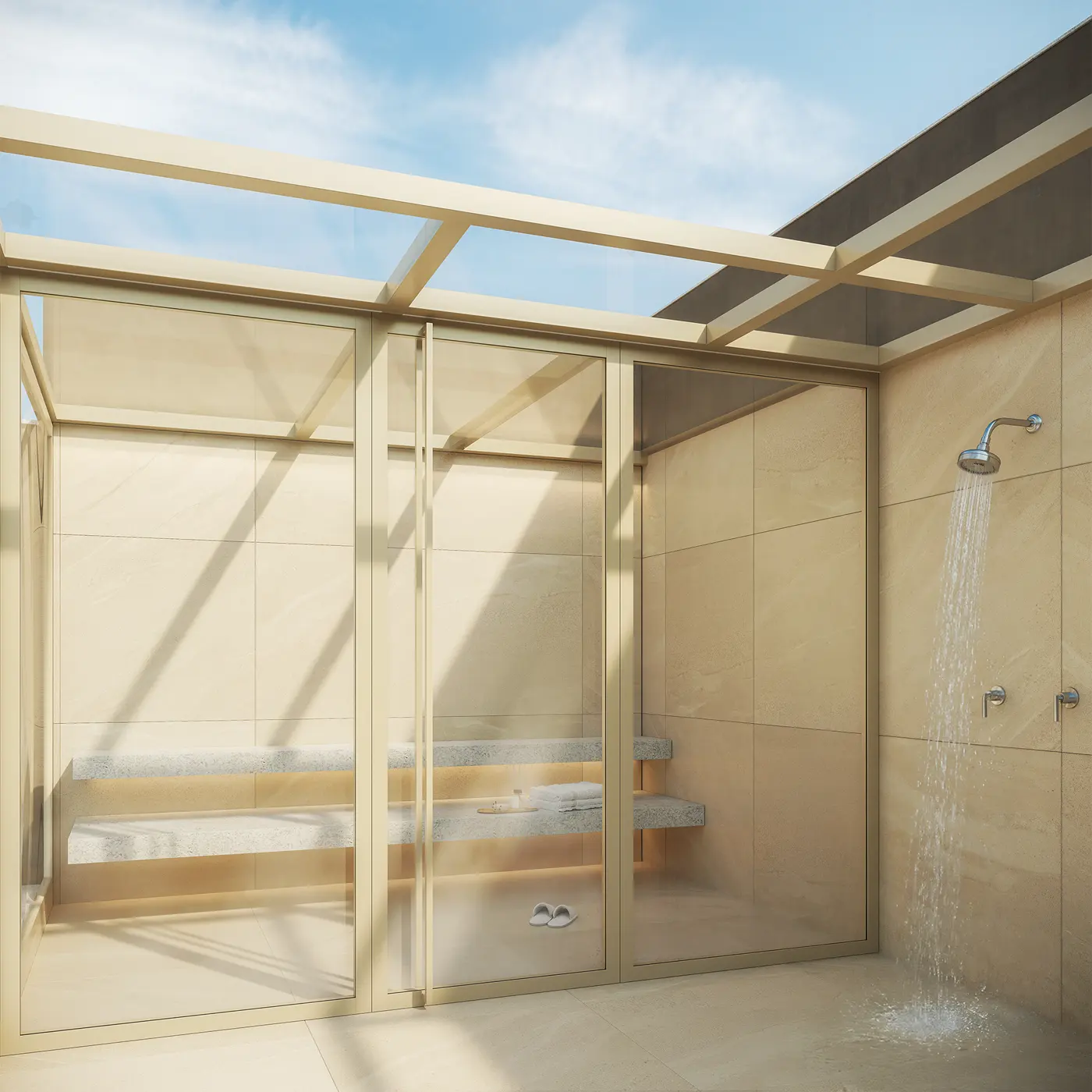 Sauna envidraçada com bancos de madeira