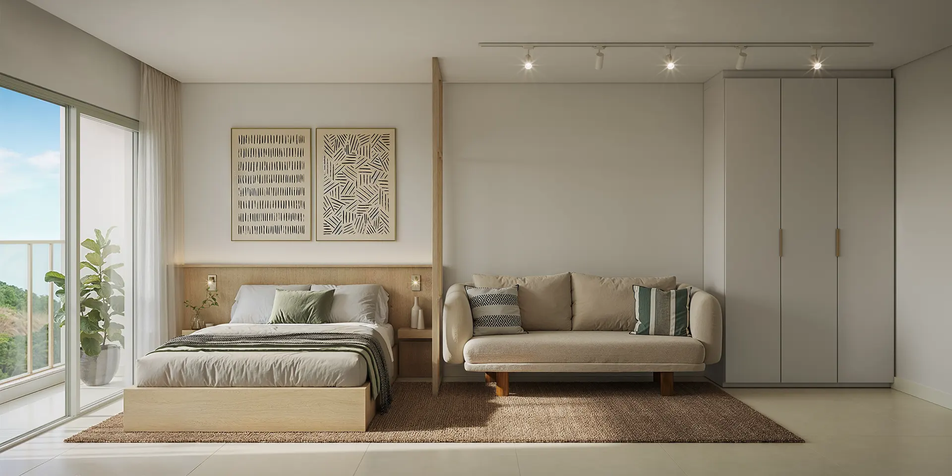 Studio decorado com cama, sofá e porta de vidro para a varanda