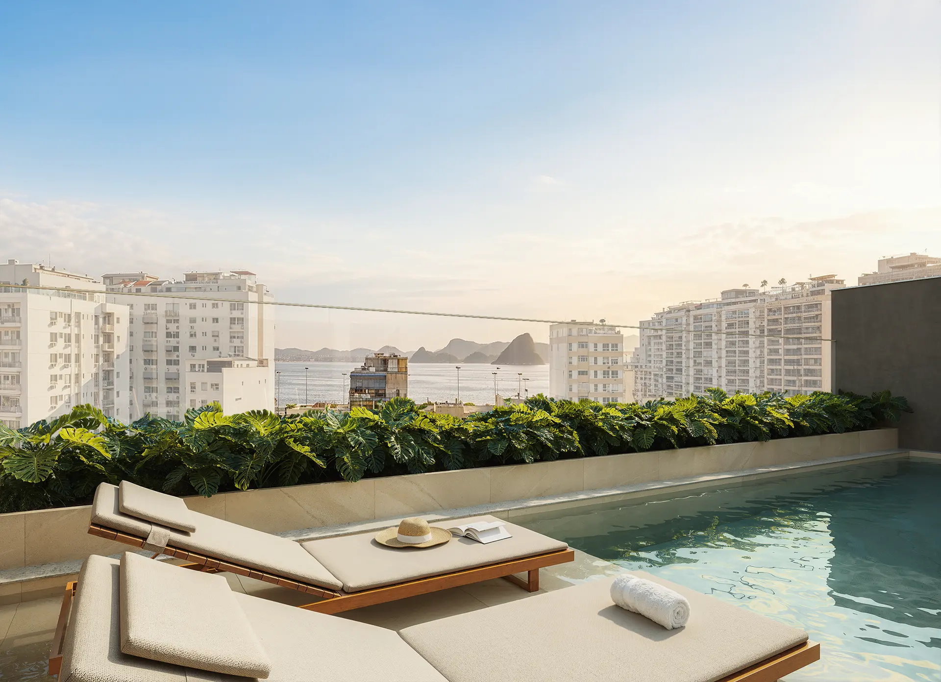 Piscina no rooftop com espreguiçadeiras e a Baía de Guanabara ao fundo