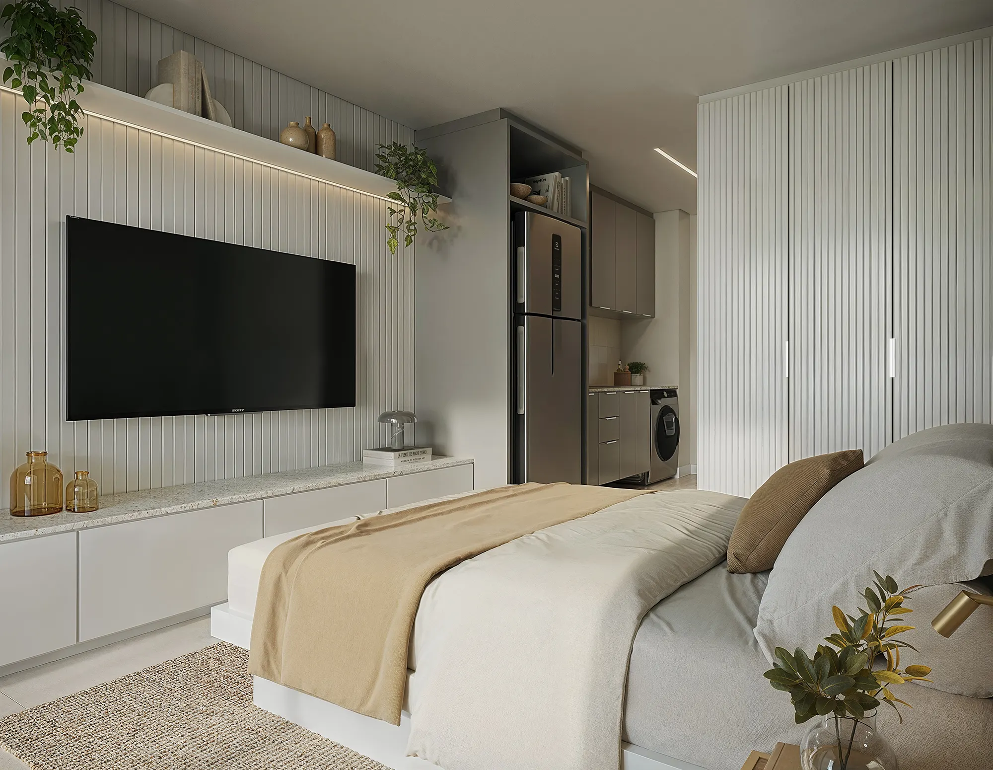 Quarto com cama de casal, painel de TV e armário planejado