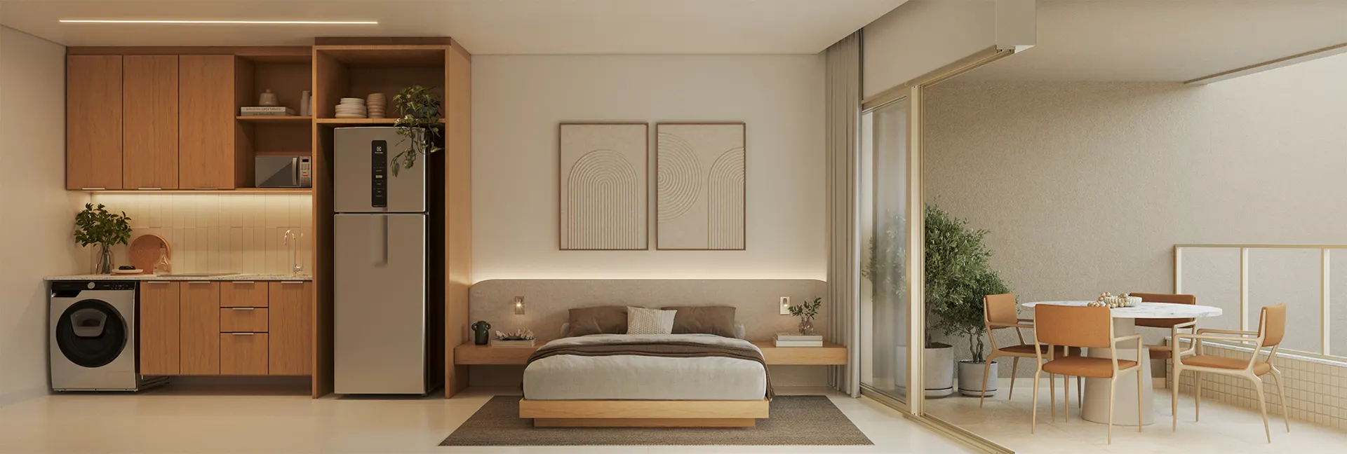 Vista em corte de um apartamento: cozinha com bancada, quarto e varanda