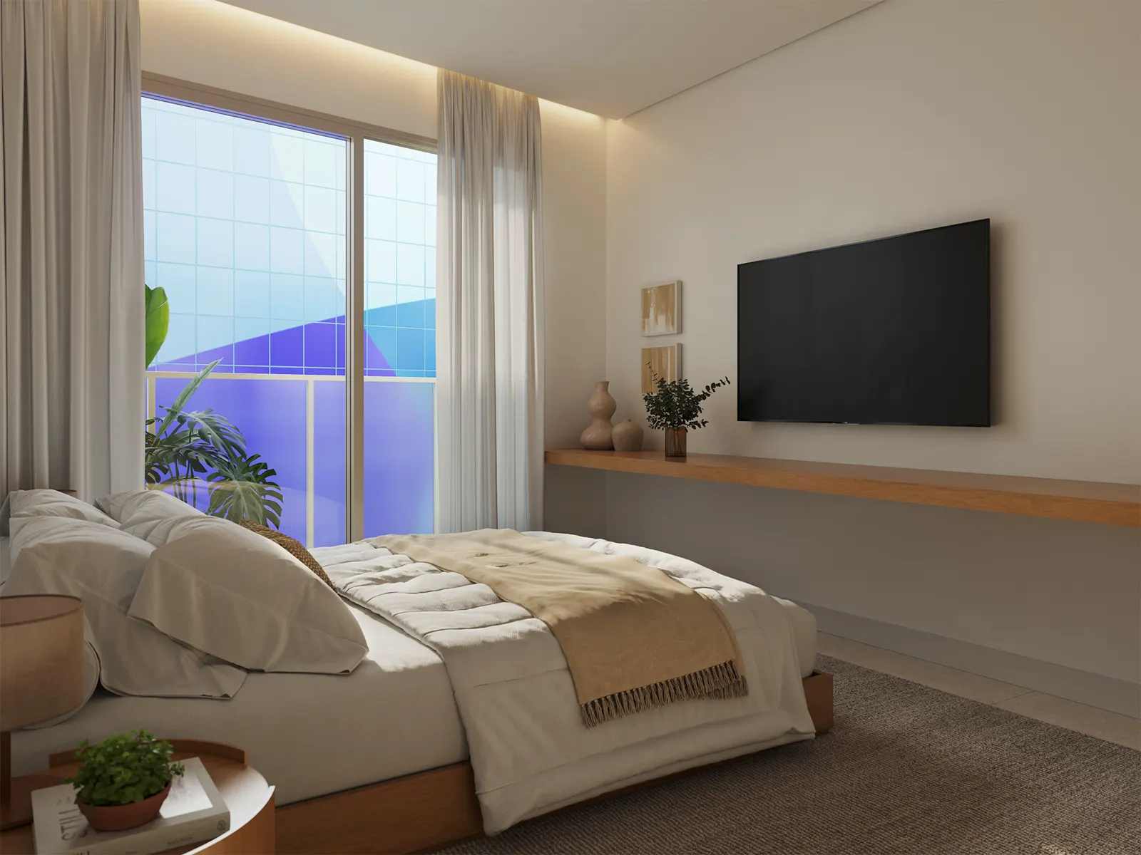 Apartamento decorado com cama, escrivaninha e porta de vidro para a varanda