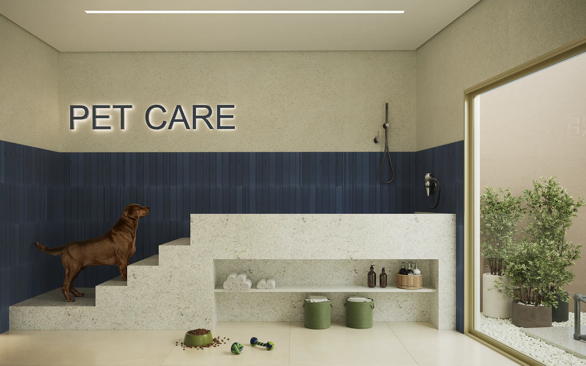 Espaço pet care com banheira e cachorro