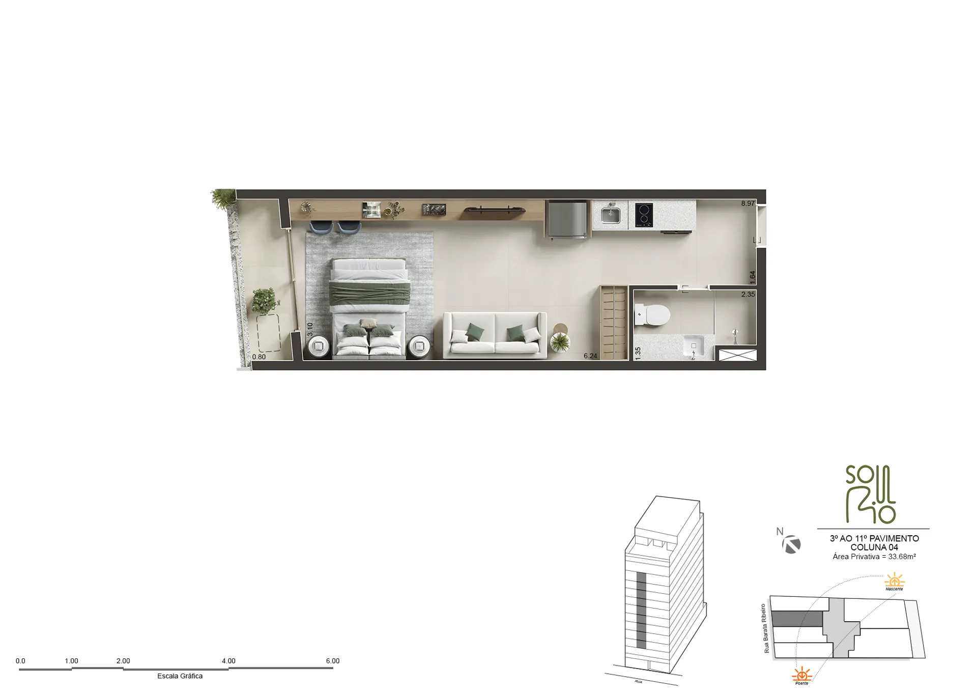 Planta humanizada do Studio de 33 m², 33,41 a 33,68 m²