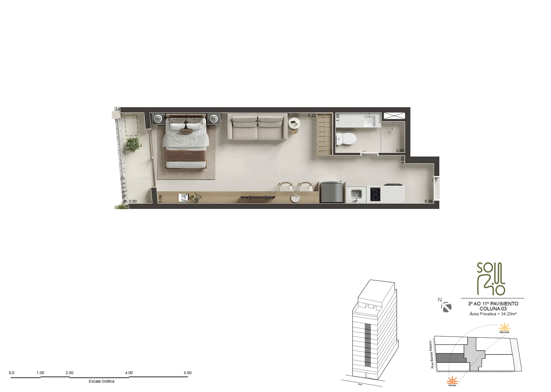 Planta humanizada do Studio de 34 m², 34,20 m²