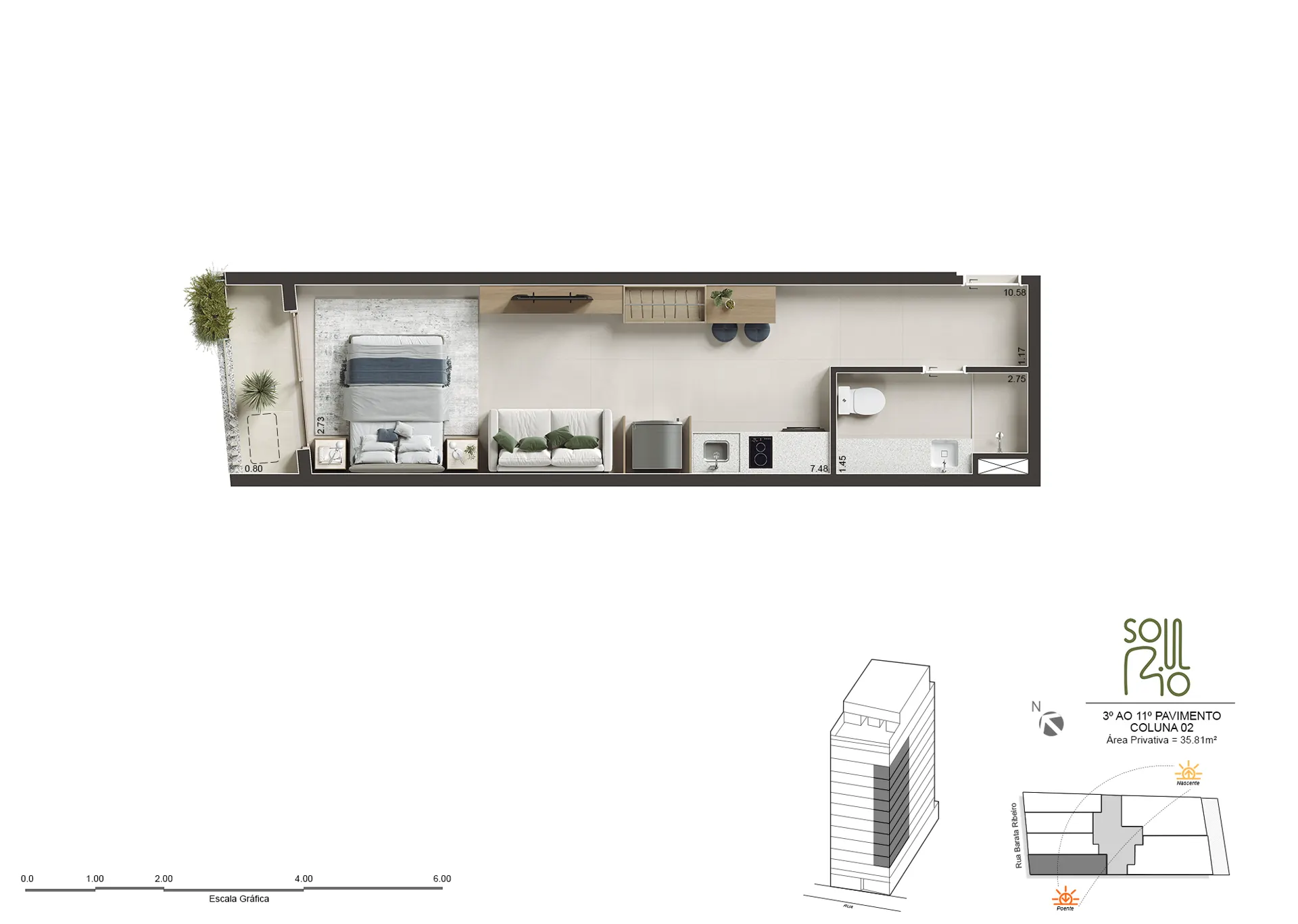Planta humanizada do Studio de 36 m², 35,81 m²