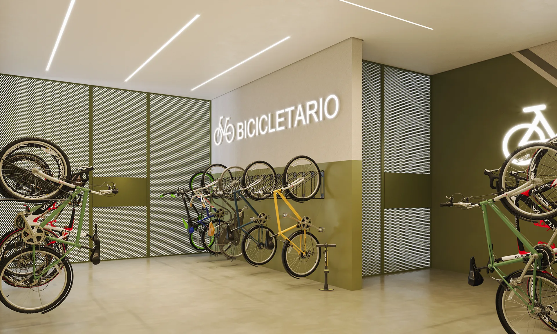 Bicicletário com bicicletas penduradas na parede