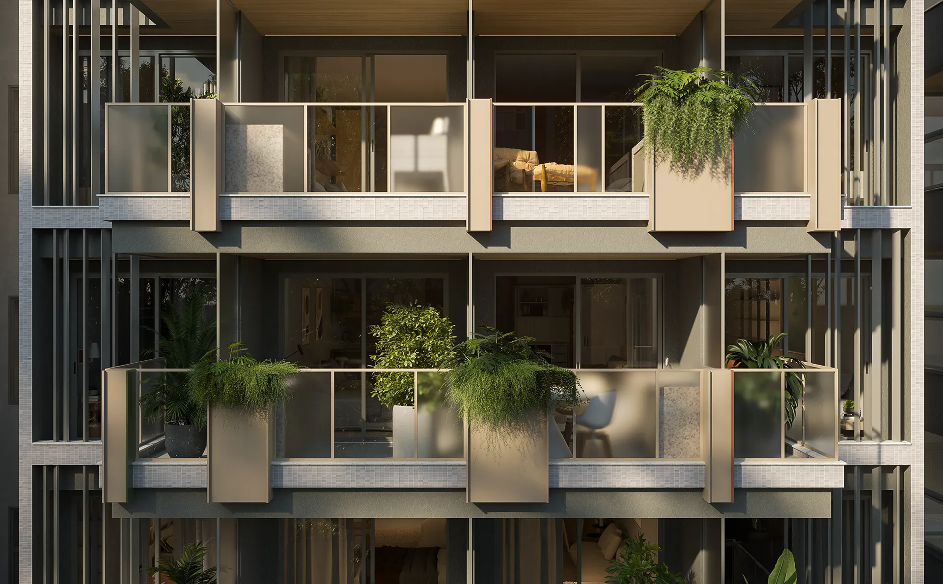 Detalhe da fachada: varandas com jardineiras e revestimento em tom terroso