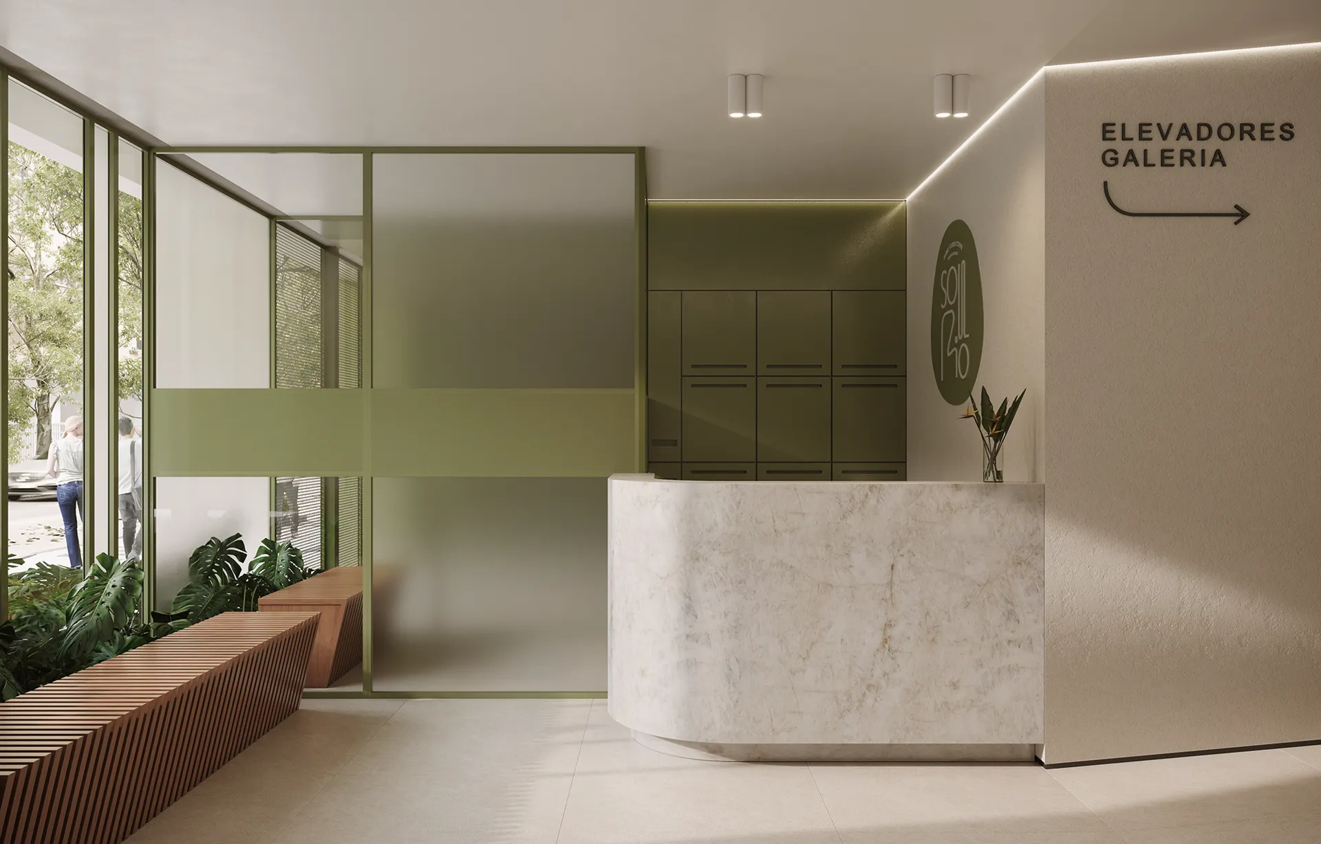 Hall de entrada com balcão de pedra e parede verde-oliva