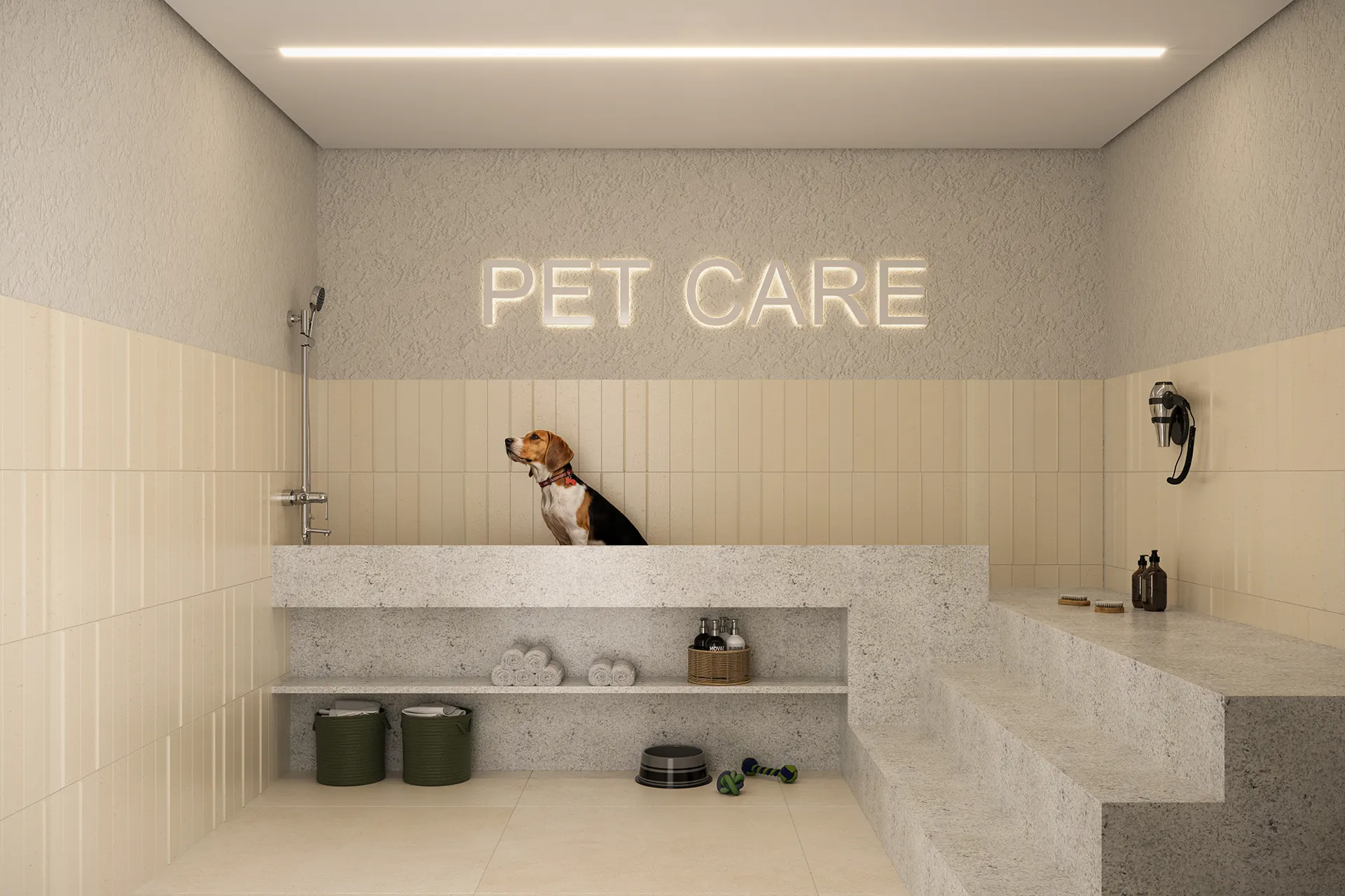 Espaço pet care com banheira e cachorro