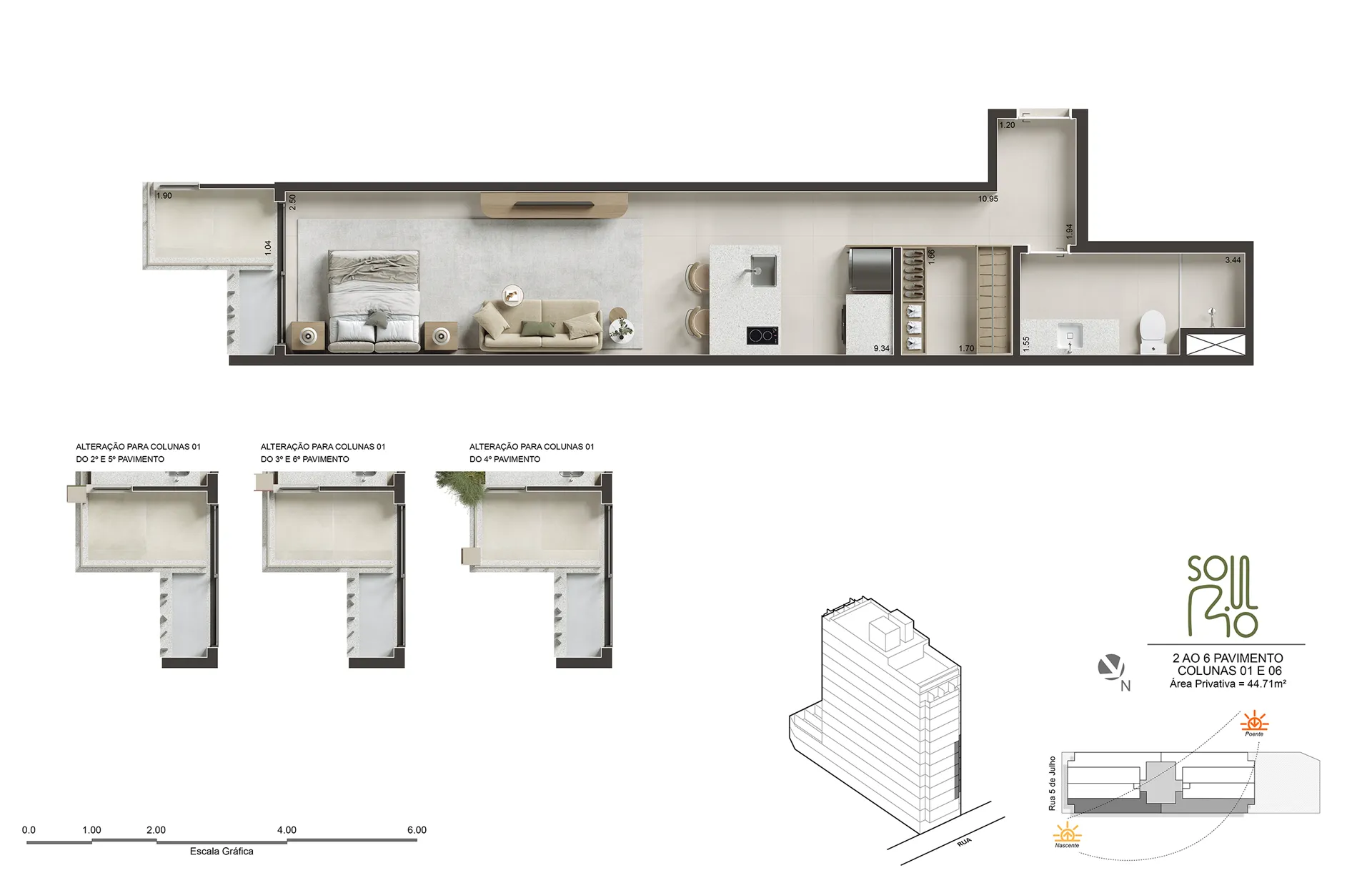 Planta humanizada do Studio Plus, 44 a 46 m²