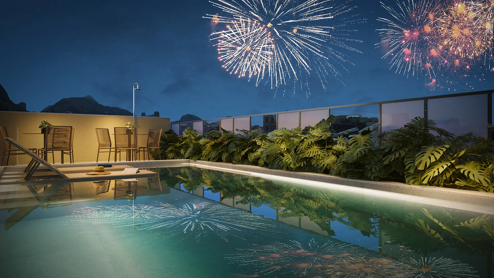 Piscina do rooftop à noite, com fogos de artifício no céu de Copacabana