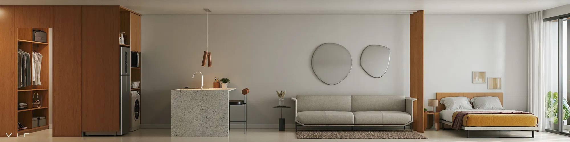 Vista em corte do studio: closet, cozinha com bancada, sala e quarto até a varanda