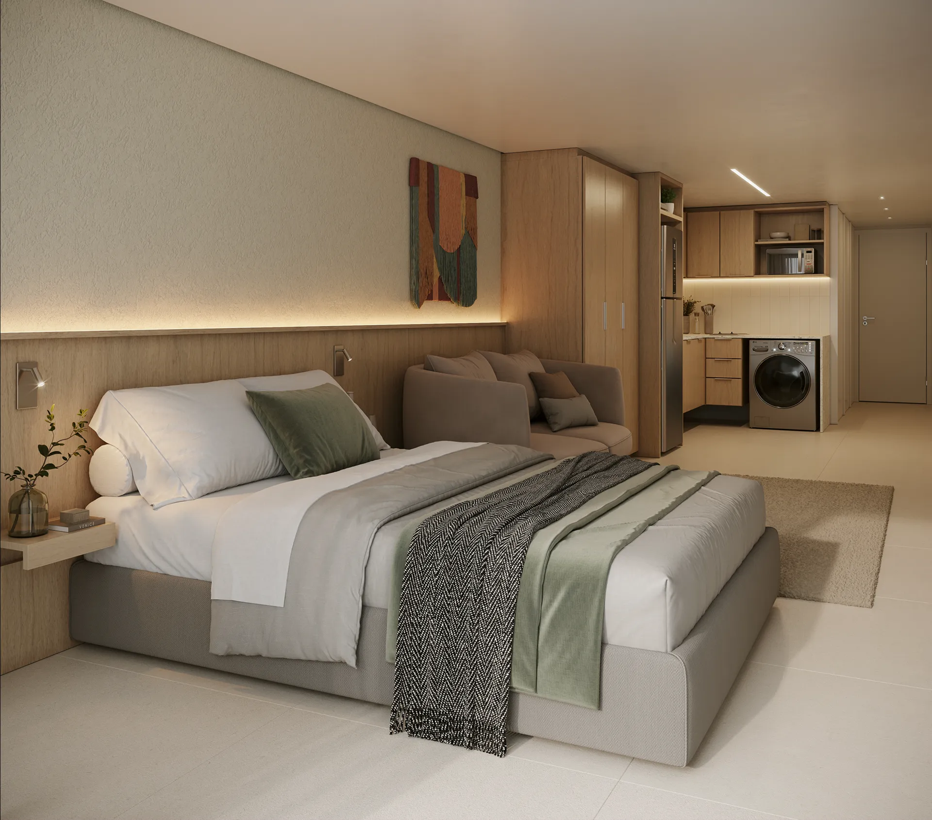 Studio Plus decorado, com sala e quarto integrados e varanda com jardineira