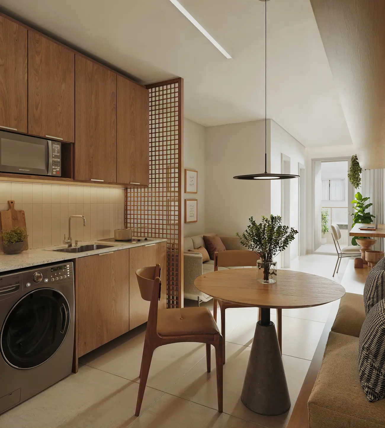 Apartamento de 1 quarto com cozinha de madeira, mesa redonda e varanda