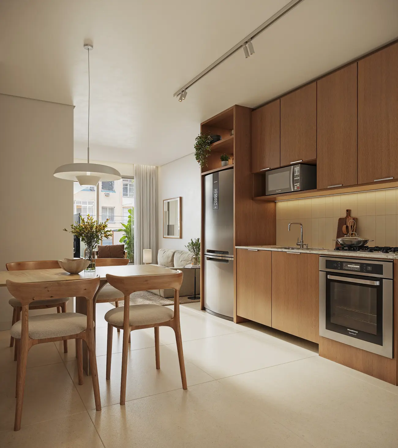Sala do apartamento de 2 quartos, com cozinha integrada