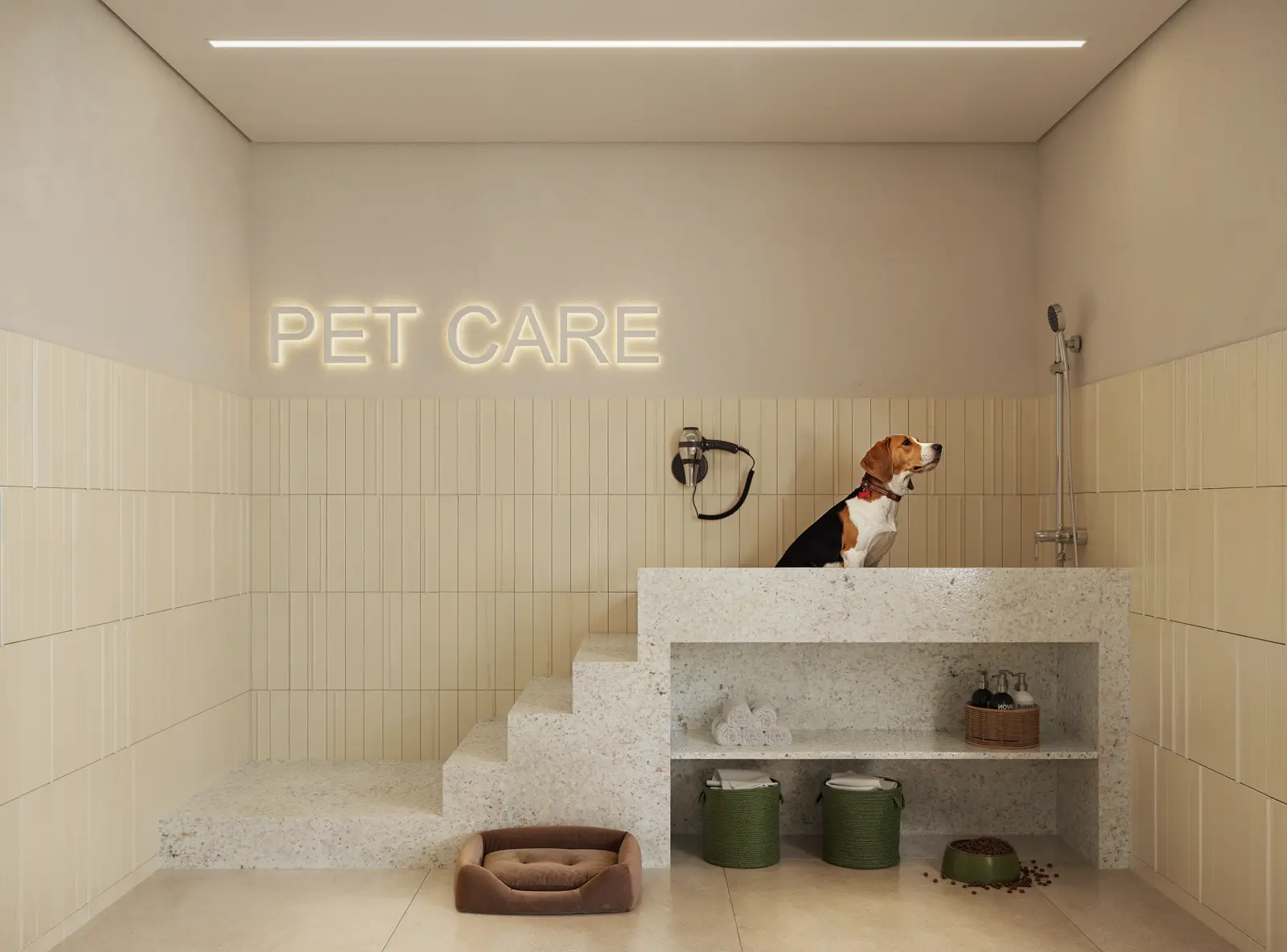 Espaço pet care com banheira e cachorro