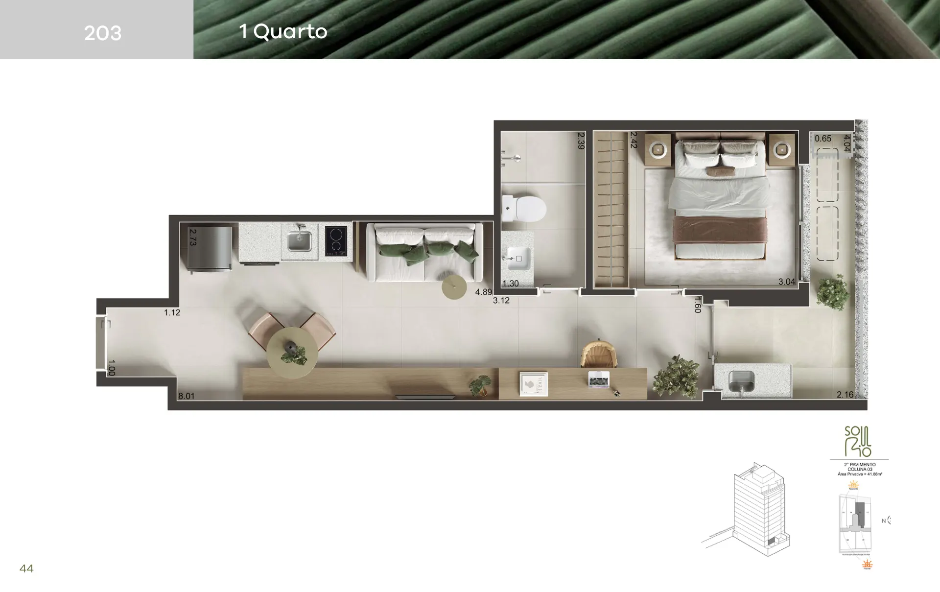 Planta humanizada do 1 quarto, 41,84 a 41,86 m²