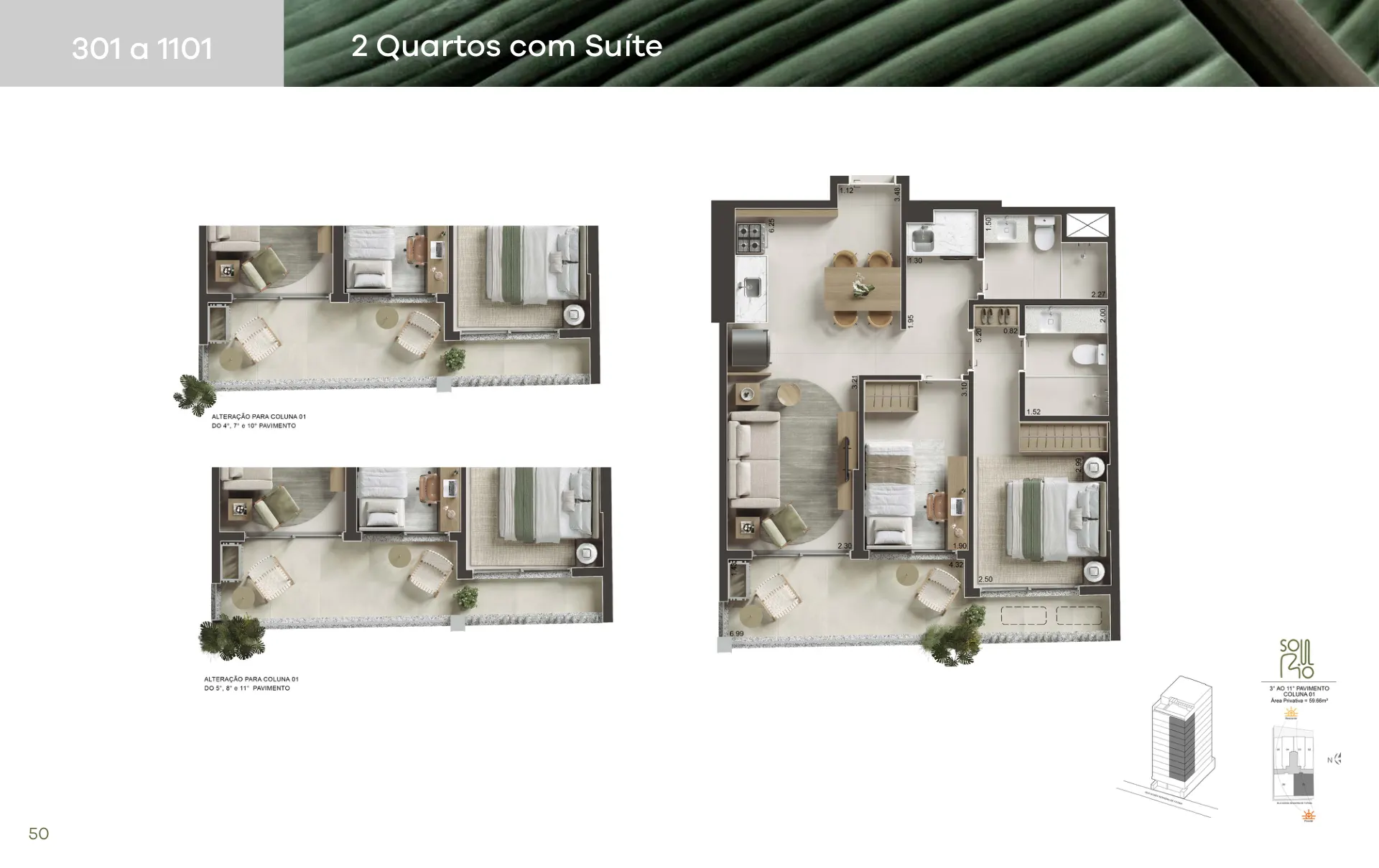 Planta humanizada do 2 quartos com suíte, 59,66 a 60,19 m²