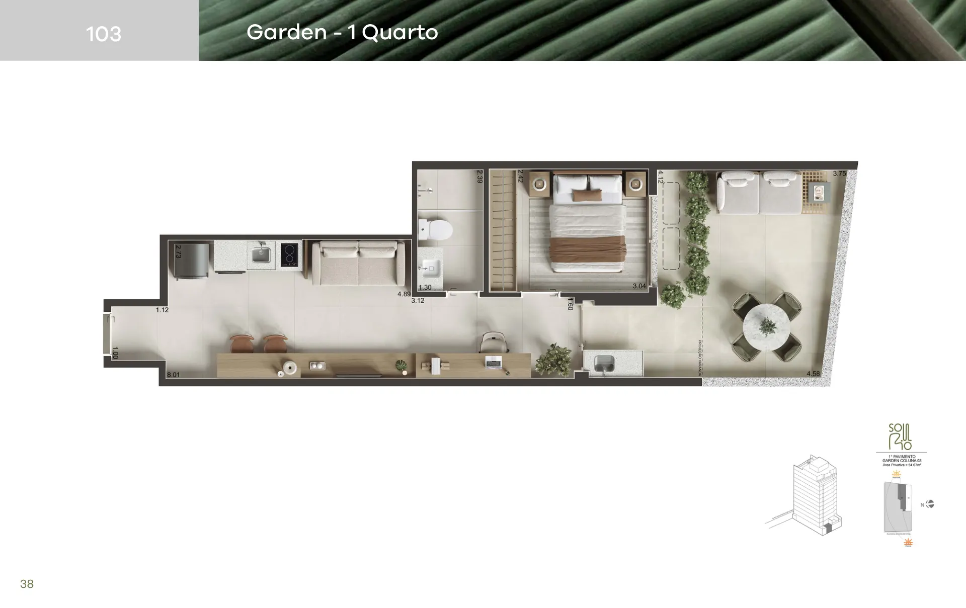 Planta humanizada do Garden e Up Garden, 42 a 55 m² (com área externa)
