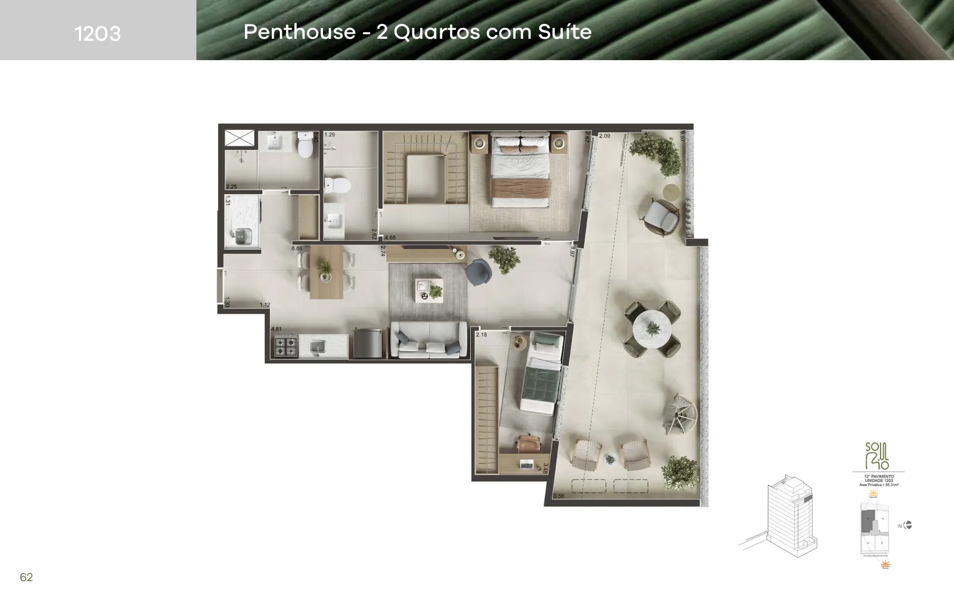 Planta humanizada do Penthouse 2 quartos, 85,31 m²