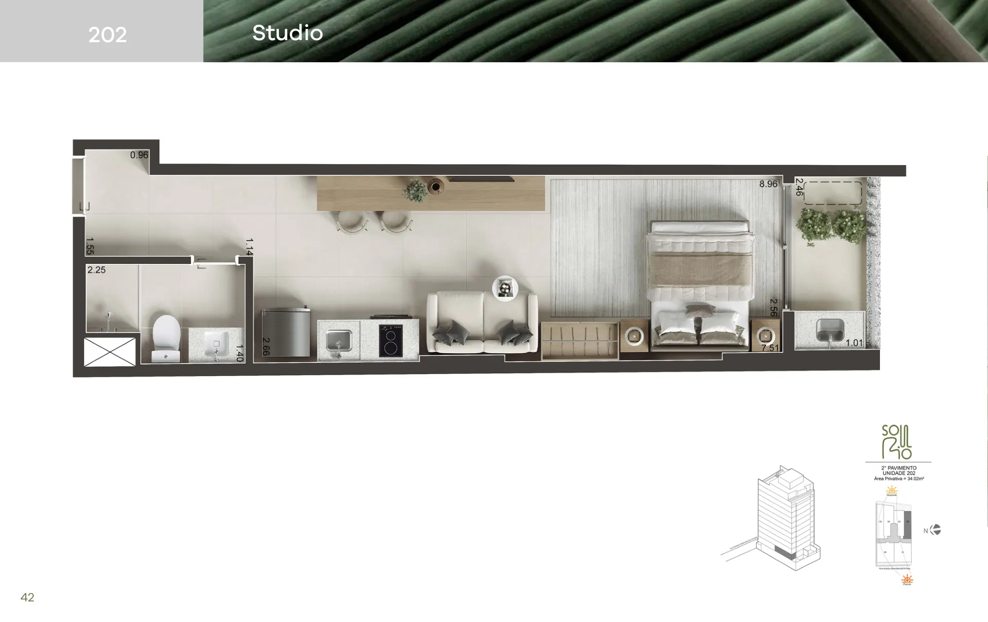 Planta humanizada do Studio, 33,69 a 34,02 m²