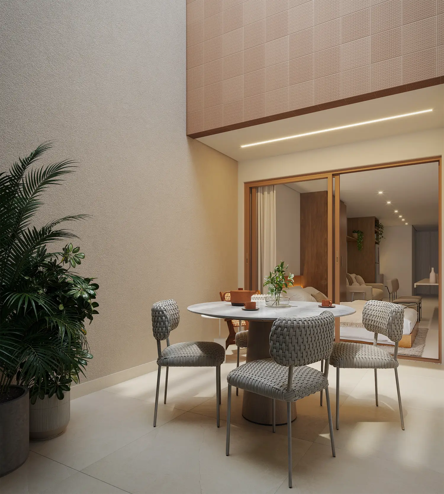 Área externa de um studio garden com plantas e deck