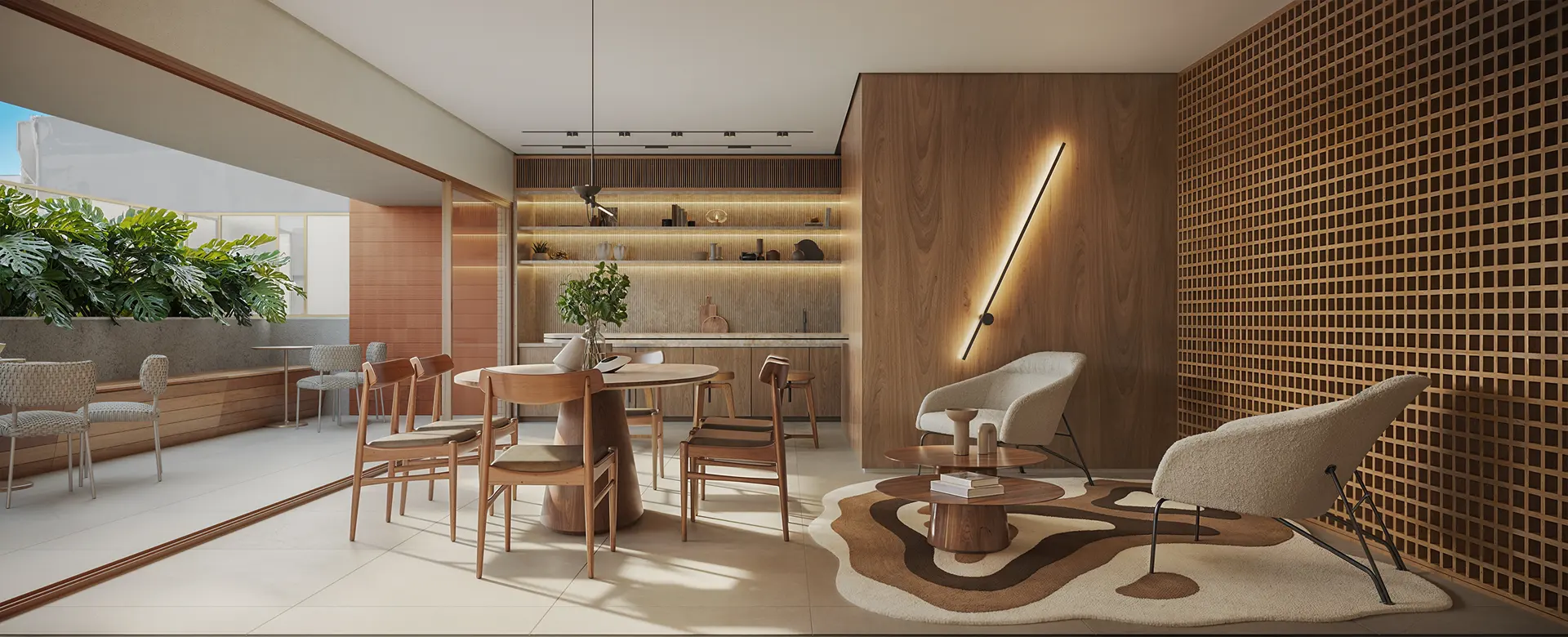 Lounge gourmet com mesa, poltronas e painel de madeira
