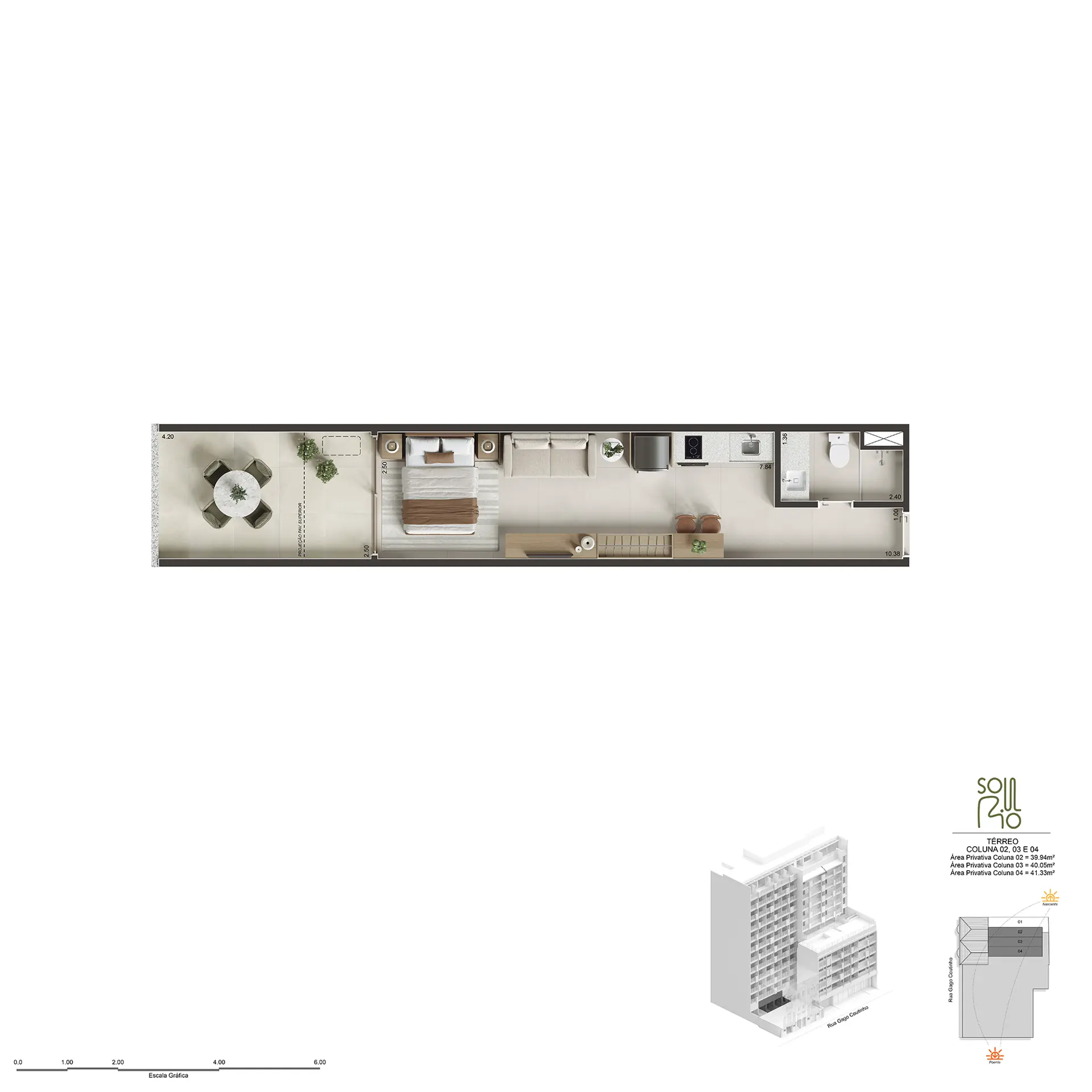 Planta humanizada do Studio Garden, 40 m² (com área externa)