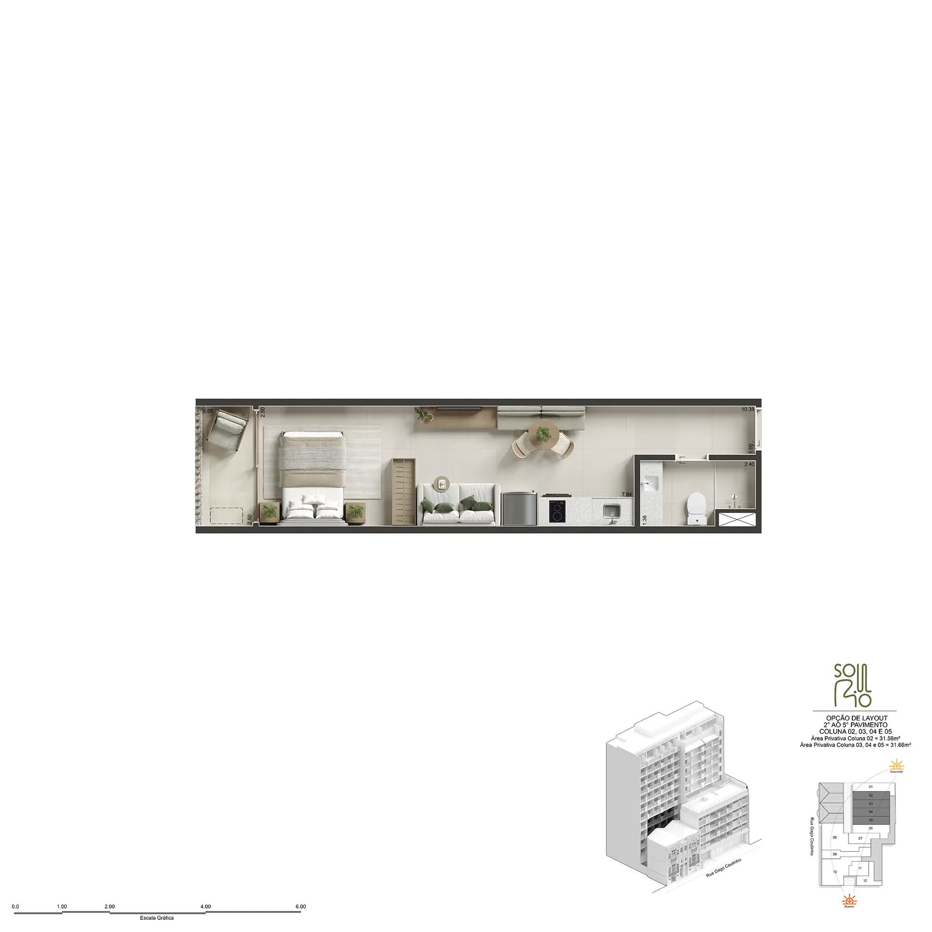 Planta humanizada do Studio de 32 m², 31,56 a 31,66 m²