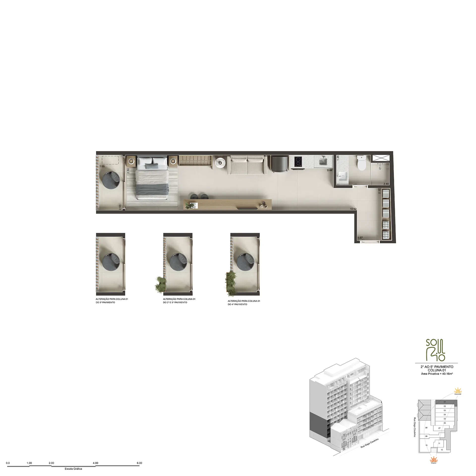 Planta humanizada do Studio de 40 m², 40,16 m²