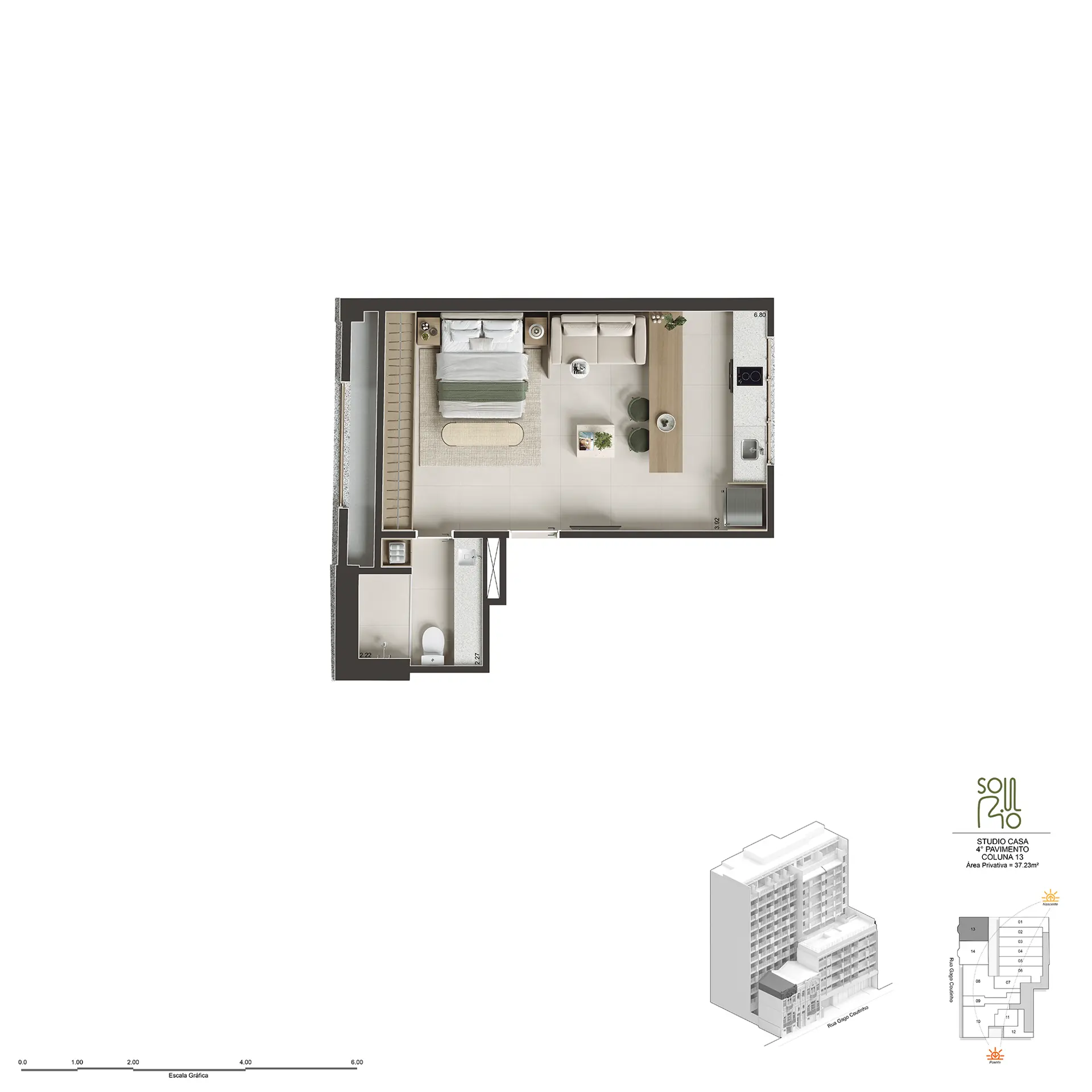 Planta humanizada do Studio na casa preservada, 37 e 44 m²