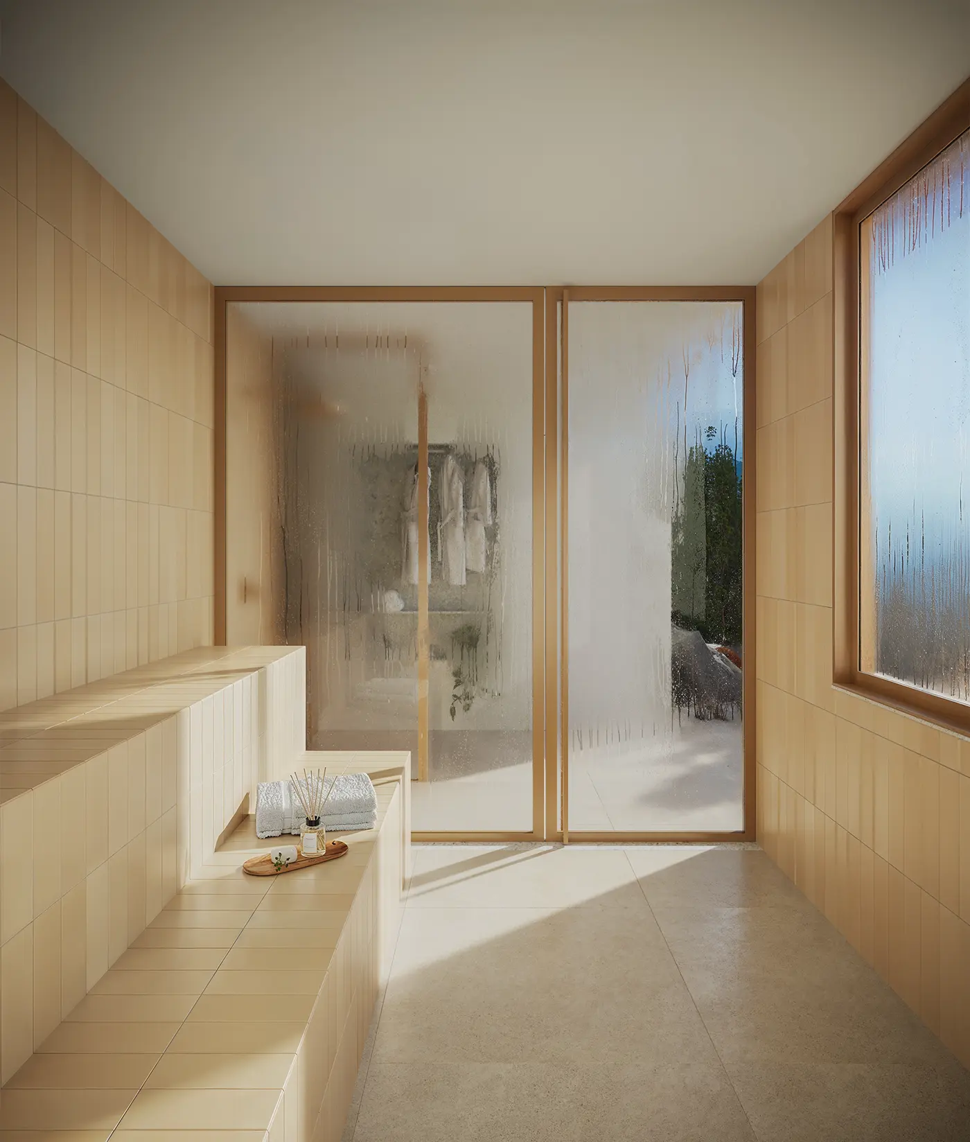 Sauna de madeira com bancos