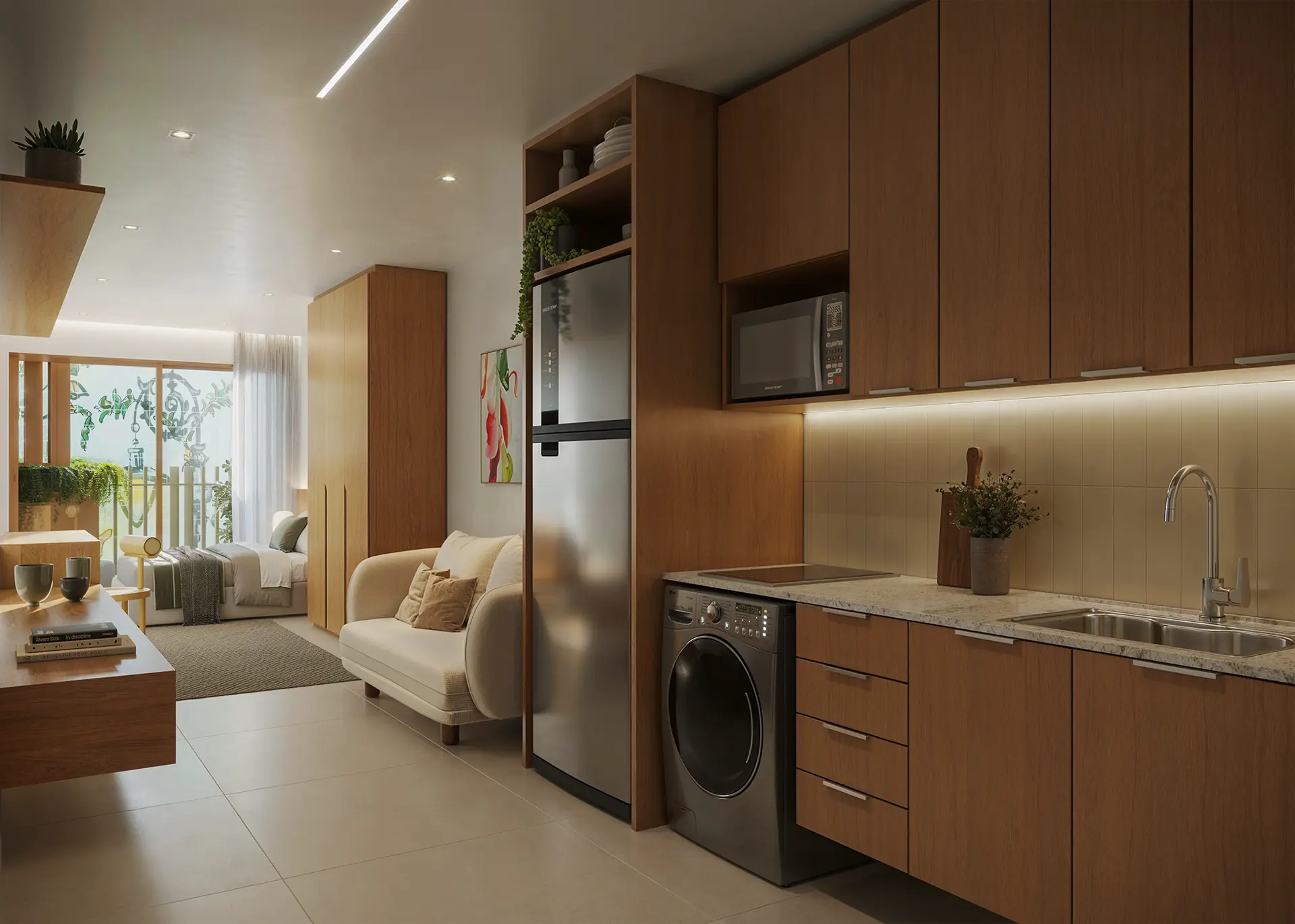 Studio decorado com cama, sofá e varanda com jardineira
