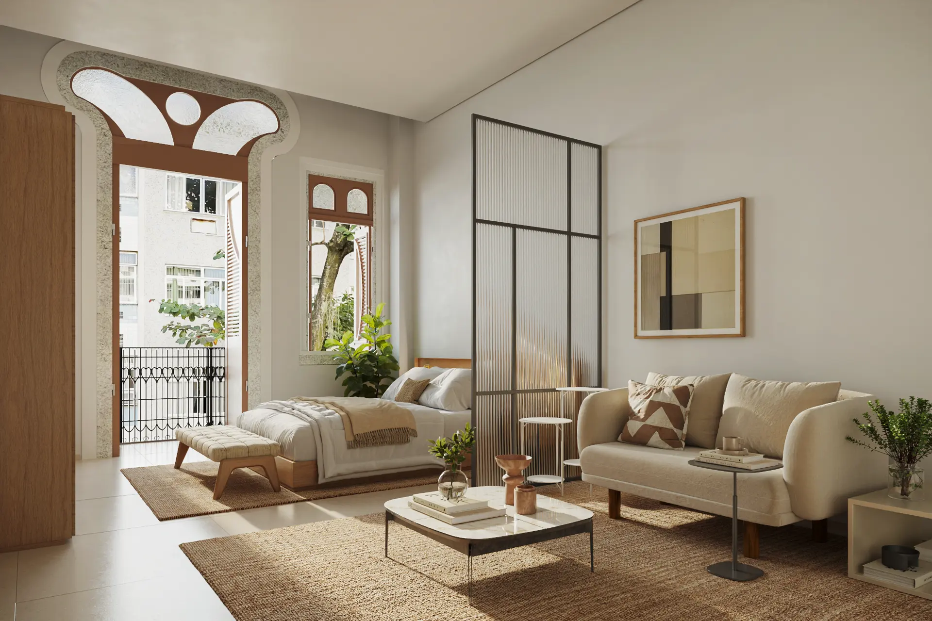 Studio dentro da casa histórica, com janelas altas e luz natural