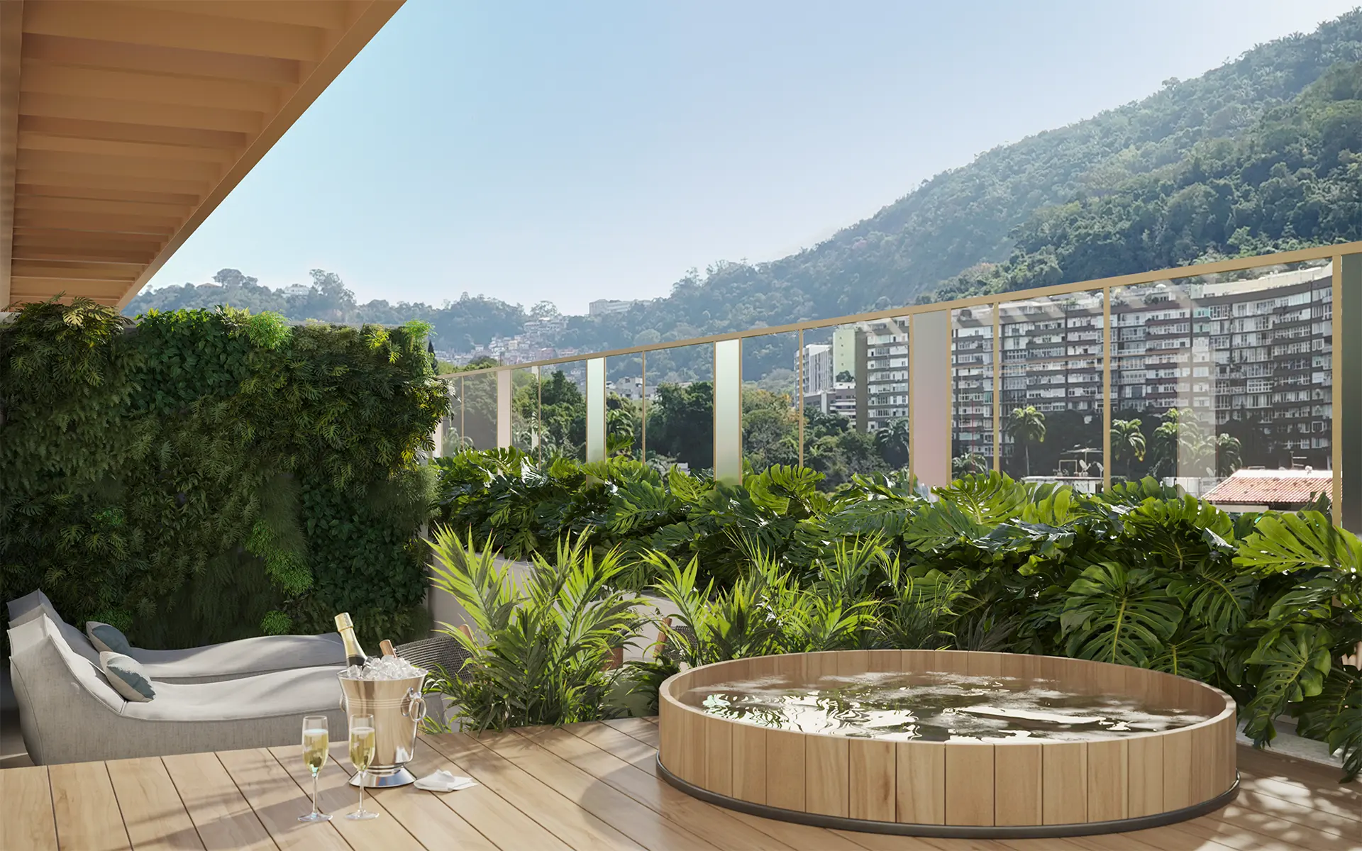 Terraço spa com ofurô de madeira e vista para o verde de Laranjeiras