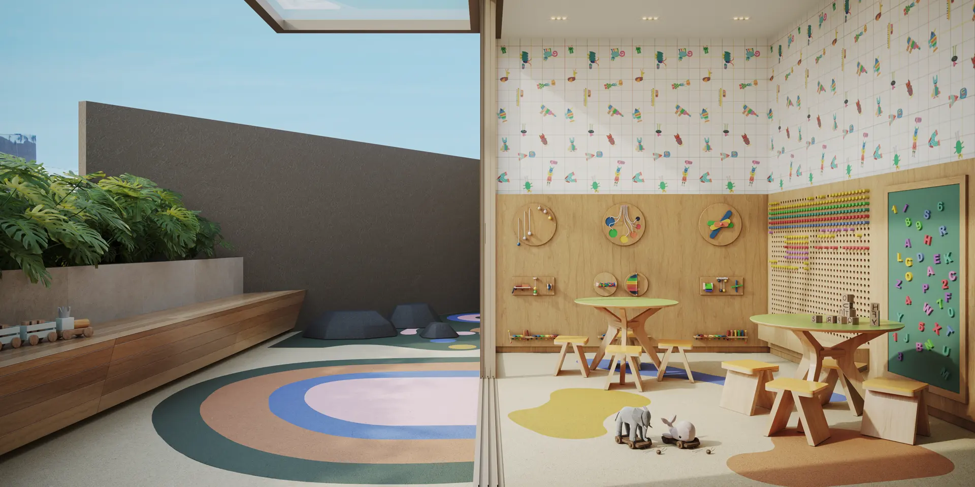 Playground descoberto e brinquedoteca com parede estampada