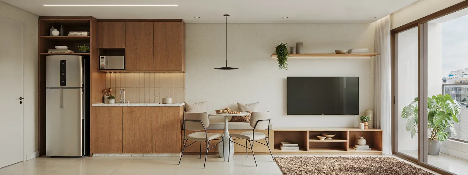Apartamento de 1 quarto com cozinha integrada e porta de vidro para a varanda