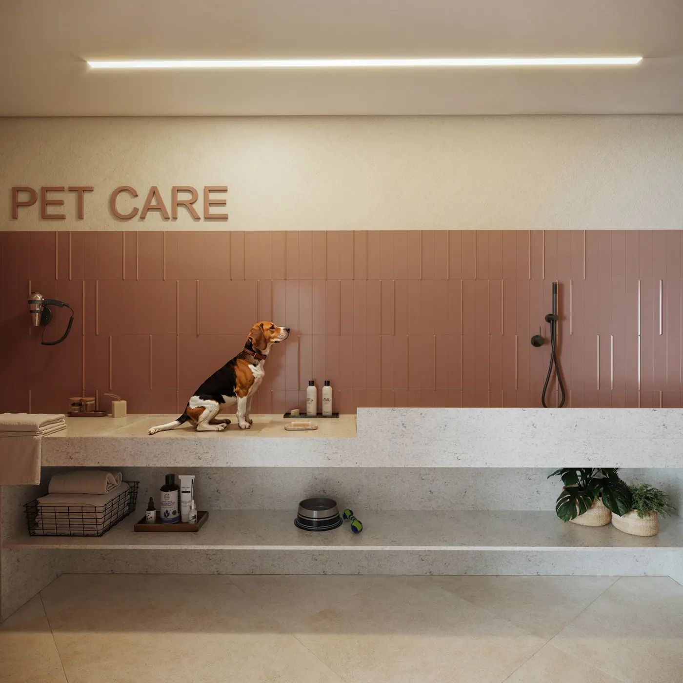 Espaço pet care com bancada e cachorro