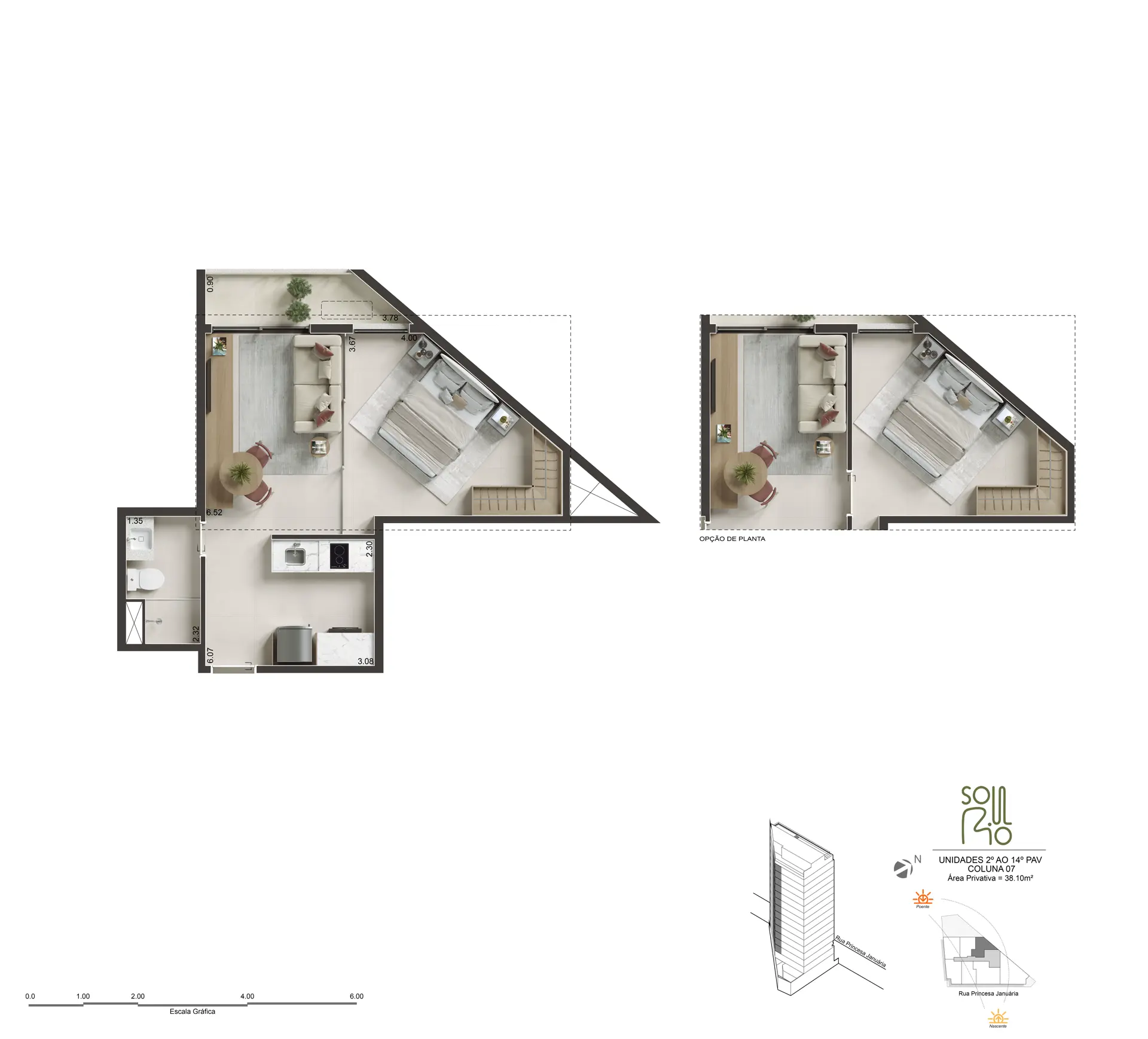 Planta humanizada do 1 quarto de 38 m², 38,10 m²