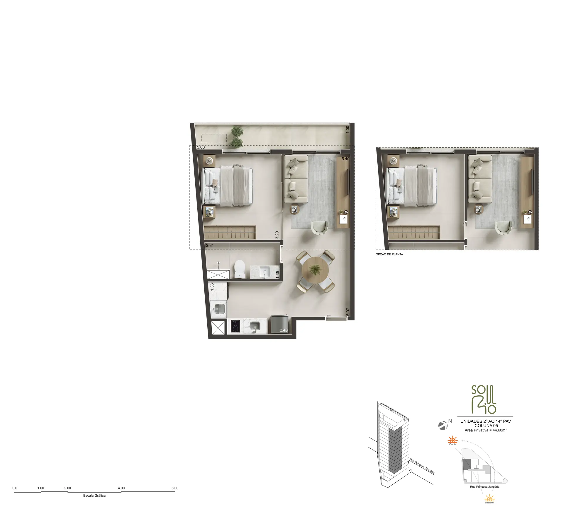 Planta humanizada do 1 quarto de 45 m², 44,60 a 45,73 m²
