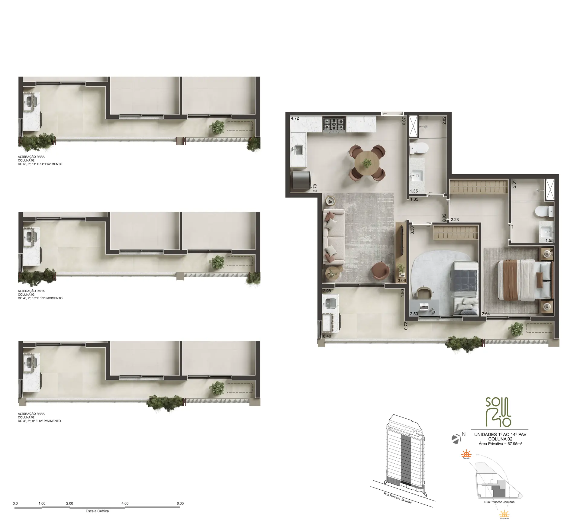 Planta humanizada do 2 quartos com suíte, 67,95 m²