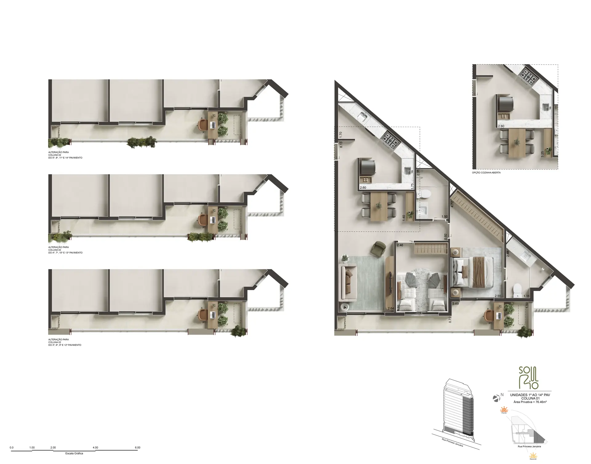 Planta humanizada do 2 quartos com suíte e vaga, 76,46 m²
