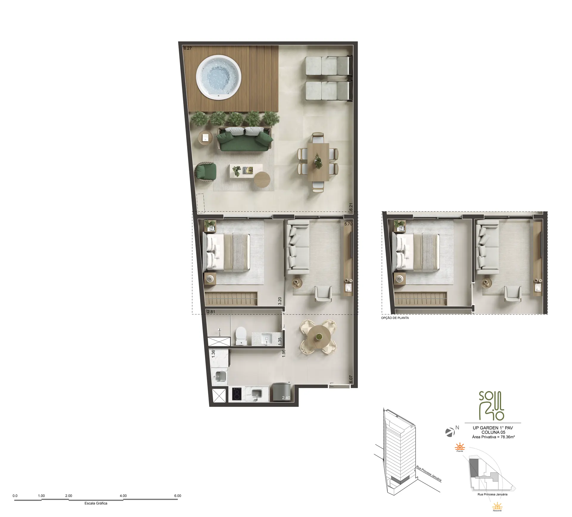 Planta humanizada do Up Garden, 78 m² (45 m² + terraço)