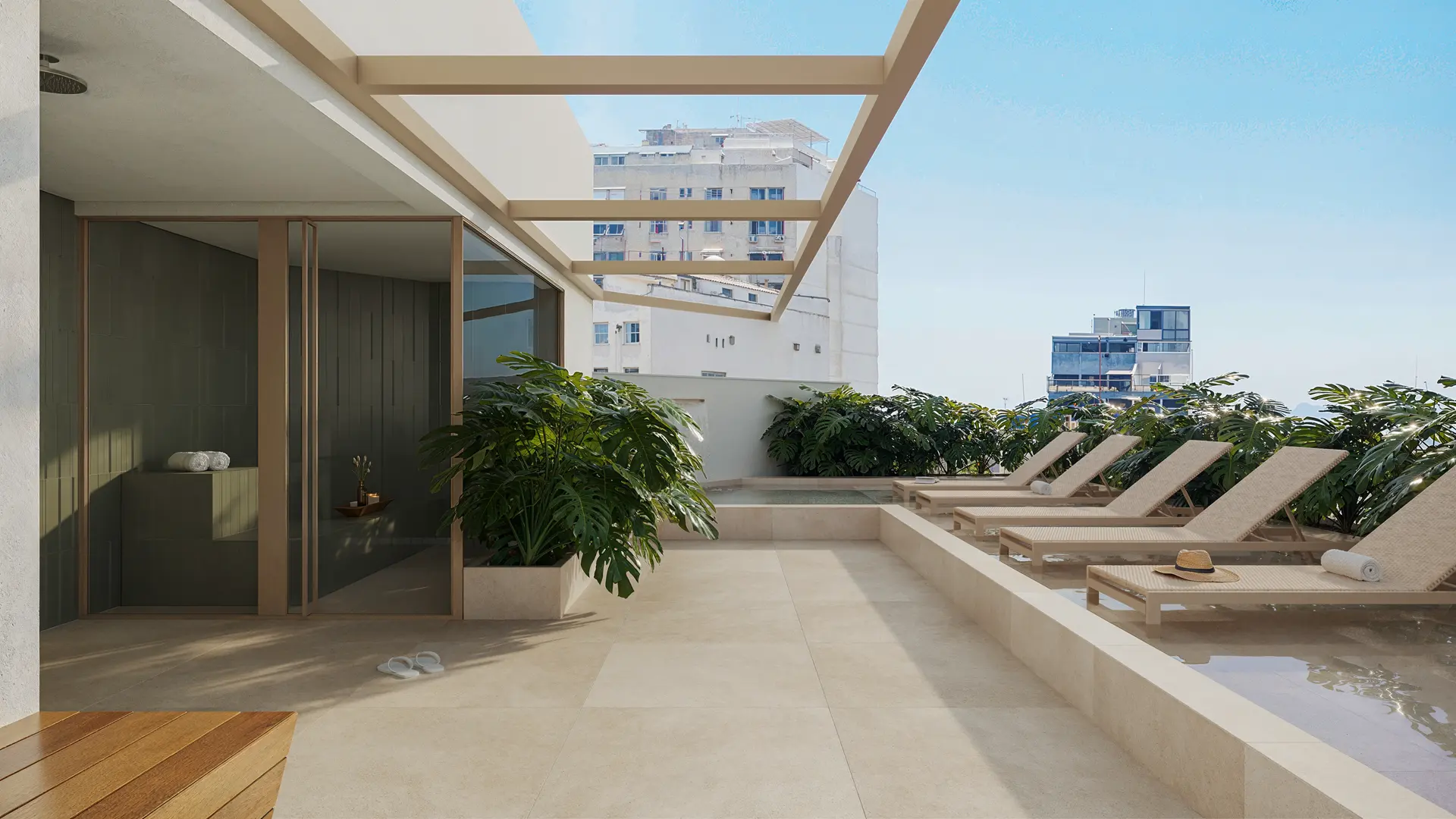 Lounge da piscina com a sauna envidraçada
